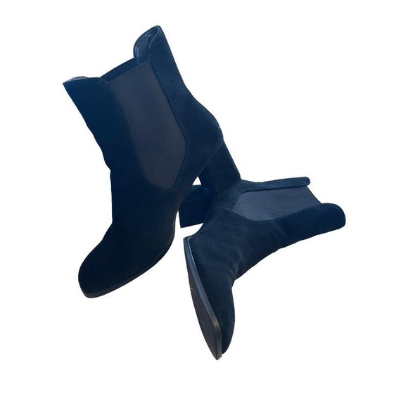 NORDSTROM Rack Rkmonica Lea Black Suede Soft Square Toe Chunky Heel Boot Size 11 - Picture 1 of 11